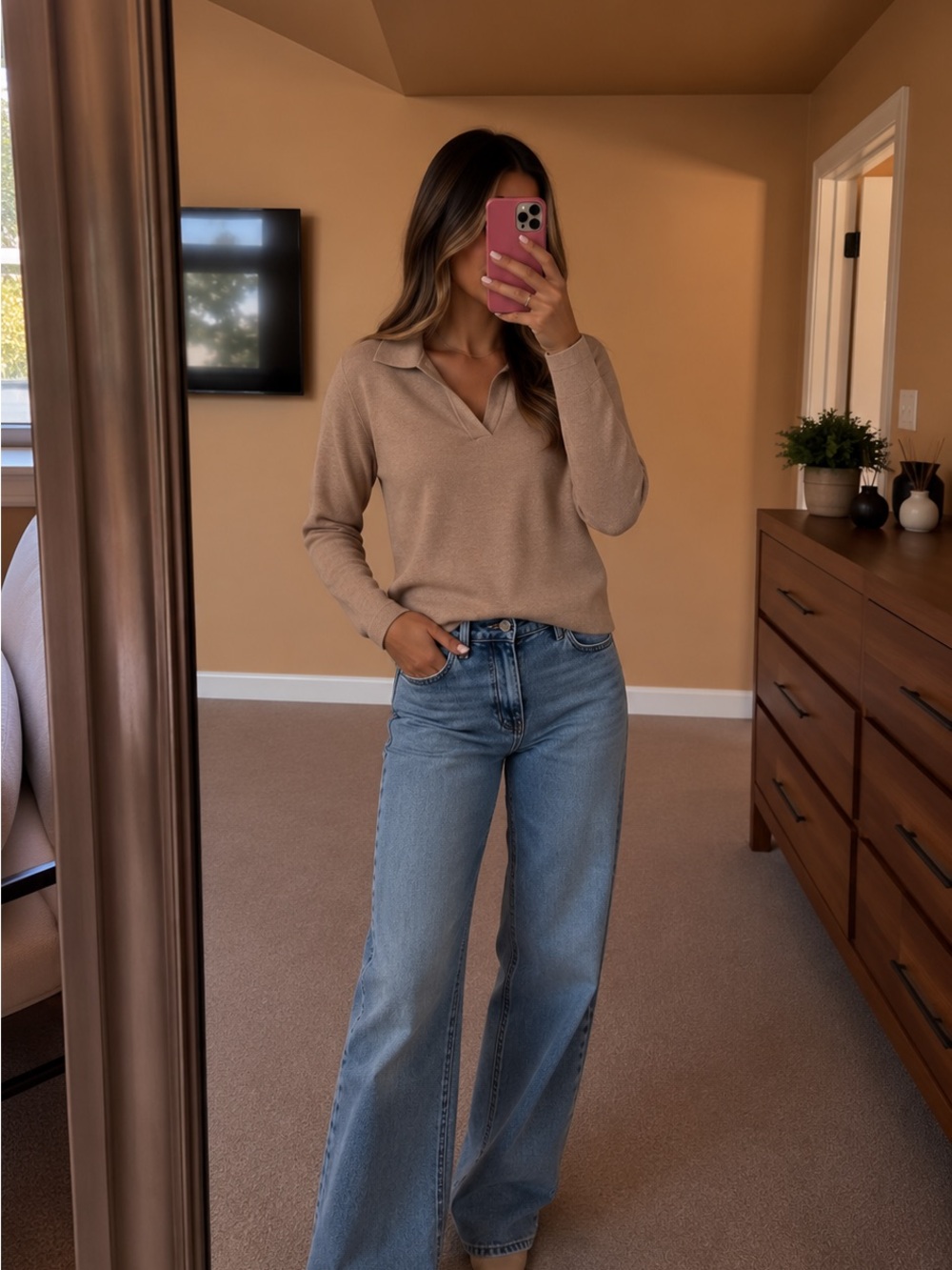 Commense Women's Collared Long-Sleeve Sweater in Light Tan